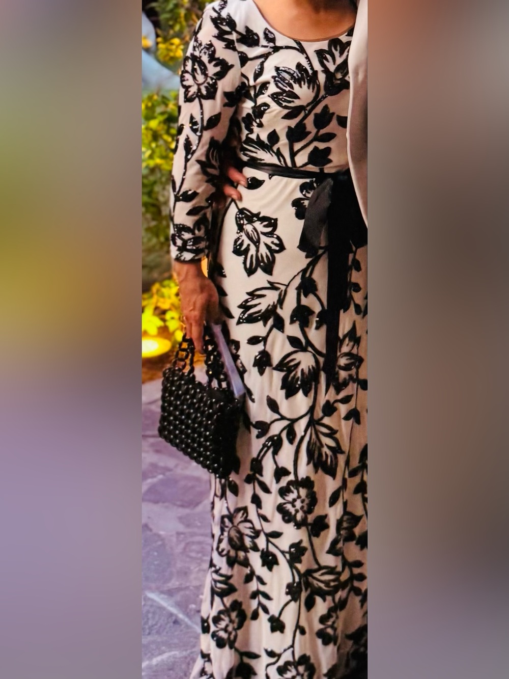 R&M Richards Black and Cream Floral Midi Dress with Satin Waist Tie